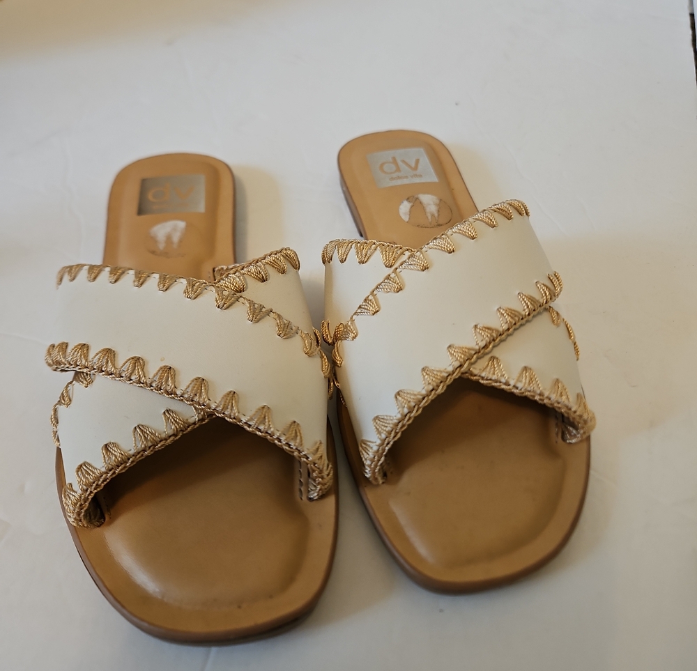DV by Dolce Vita Cream Slide Sandals with Tan Stitching, 7.5